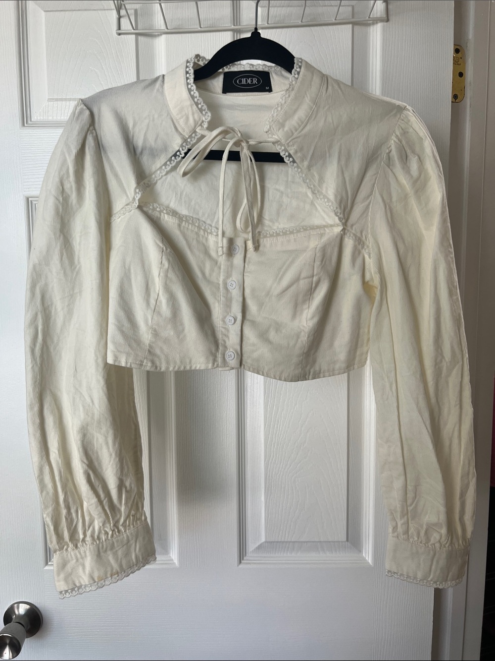 Cider Cream Lace-Trim Cropped Tie-Neck Blouse